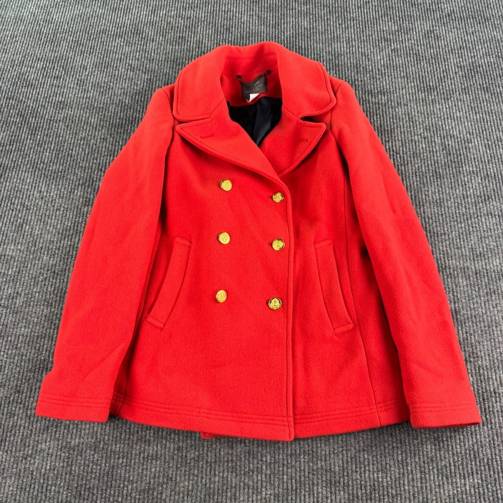 J.Crew Nello Gori Pea Coat Women 10T Red Wool Stadium Cloth Gold Button Logo